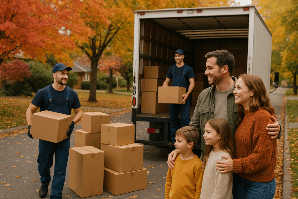 Family moving house during autumn season