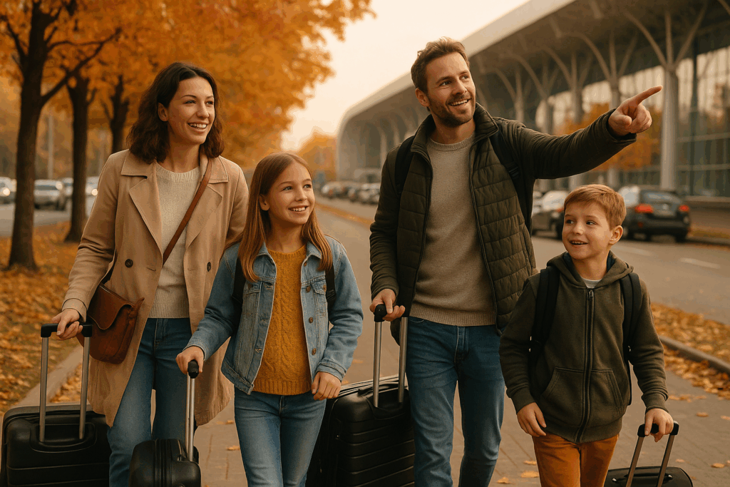 Family arriving abroad during autumn season