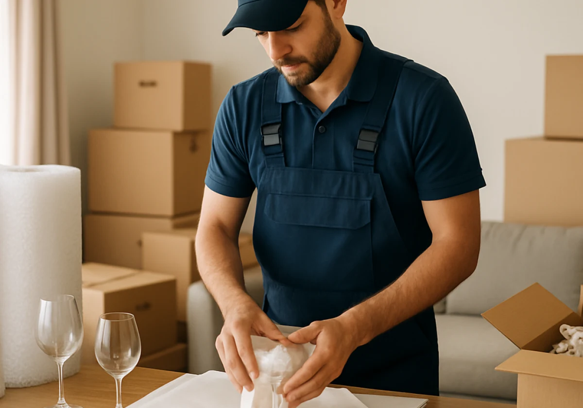 Professional packer in work clothes carefully wrapping fragile