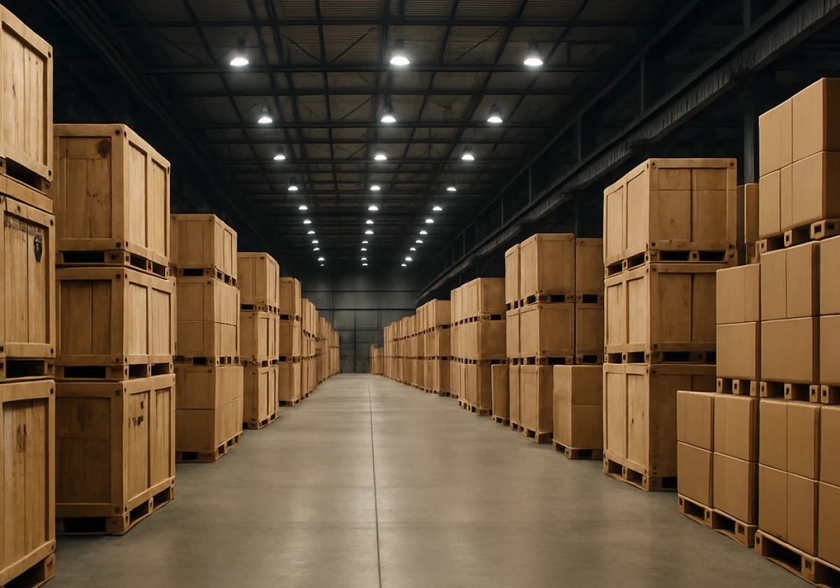 Warehouse interior showing rows of wooden shipping crates