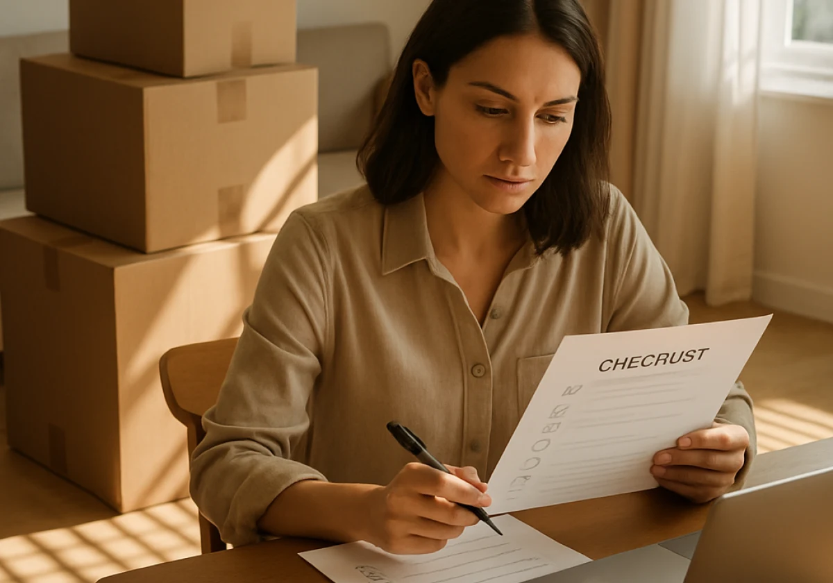 Woman sitting at her dining table reviewing moving plans